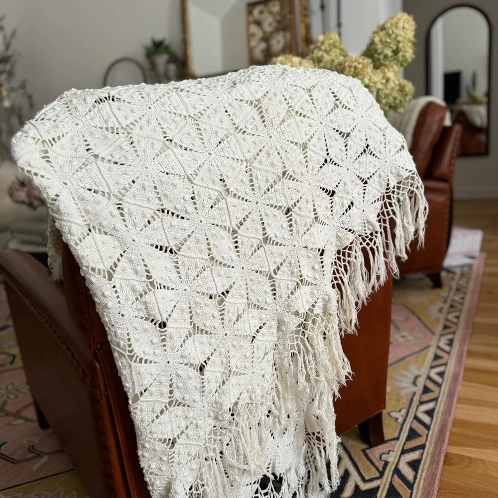handmade vintage heavy cotton lace bedspread, popcorn crochet stars, long fringe